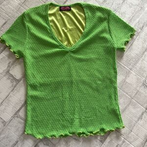 Have Girl Y2K Green V Neck Short Sleeve Ruffled Hem Knit Crop Top No Sz